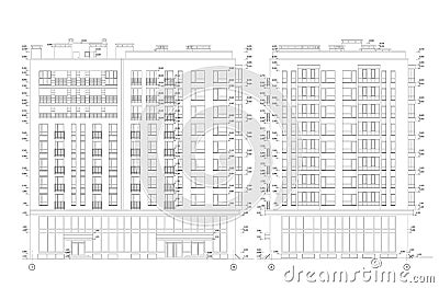 Multistory building section, detailed architectural technical drawing, vector blueprint Cartoon Illustration